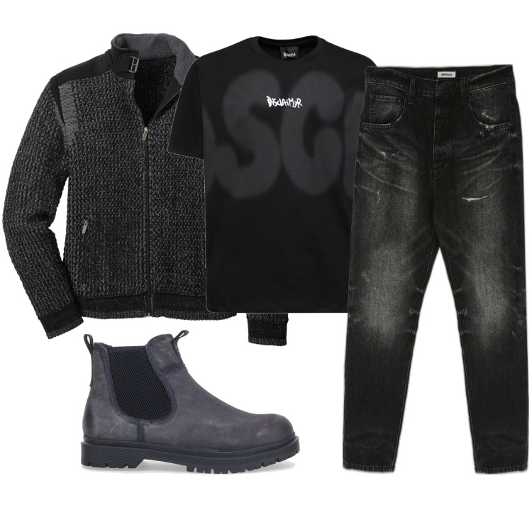 Outfit uomo - Total look #1717007. Stile Urban per Tutti i giorni. Abbinamento con jeans slim fit, cardigans, t-shirt, stivali e stivaletti.