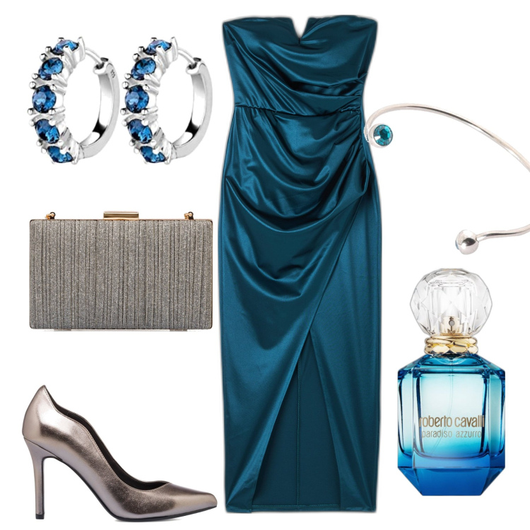 Outfit donna - Serata. Stile Glamour per Serata fuori. Abbinamento con profumi, vestiti lunghi, clutch, décolleté, braccialetti, orecchini.
