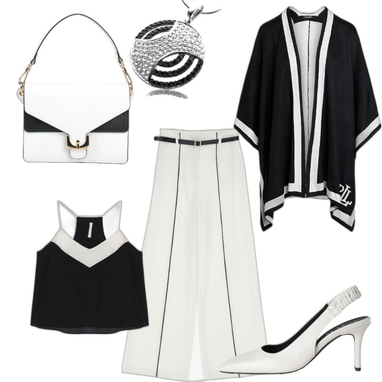 Outfit donna - Bianco e nero chic. Stile Chic per Serata fuori. Abbinamento con décolleté, borse a mano, pantaloni a palazzo, canottiere, cappe, ciondoli.