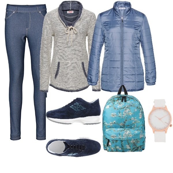 Outfit donna - Blue vans. Stile Trendy per Scuola/Università. Abbinamento con jeggings, felpa a maniche lunghe in pile blu, giacca colletto dritto con zip blu, sneakers tennis, orologio con stampa e fibbia, borsa.