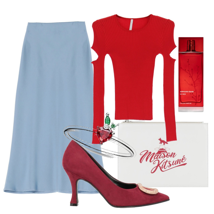 Outfit donna - Total look #1717022. Stile Chic per Serata fuori. Abbinamento con décolleté, pochette, profumi, maglieria, gonne longuette, anelli.