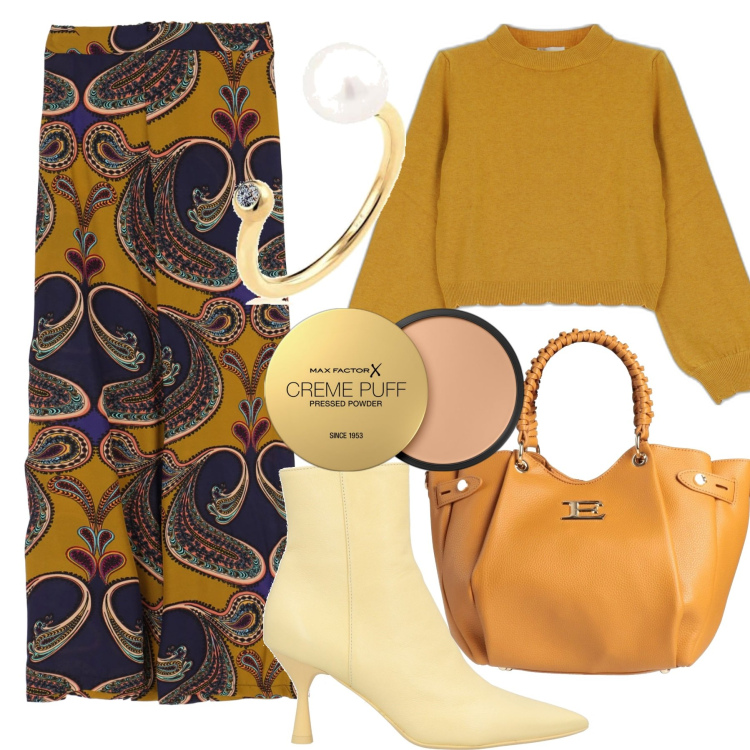 Outfit donna - Il micro pull. Stile Chic per Serata fuori. Abbinamento con stivaletti, borse a mano, ciprie, pantaloni a palazzo, pullovers, anelli.
