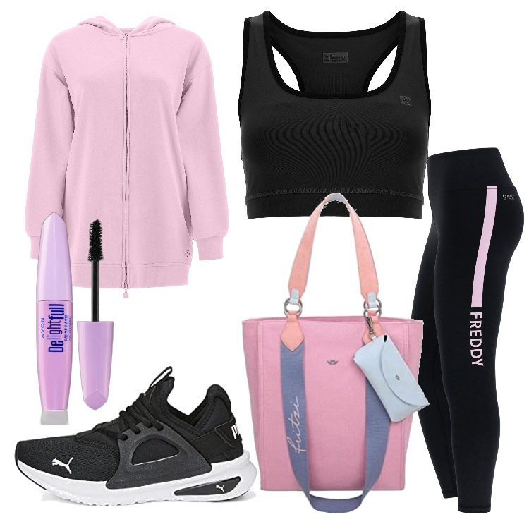 Outfit donna - Fitness Time. Stile Casual per Sport. Abbinamento con mascara, leggings sportivo, felpe con cappuccio, reggiseni, scarpe sportive, borse sportive.