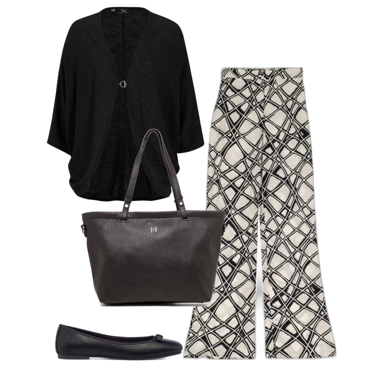 Outfit donna - Col pantalone fantasia. Stile Chic per Tutti i giorni. Abbinamento con cardigans, pantaloni a palazzo, ballerine, borse a spalla.