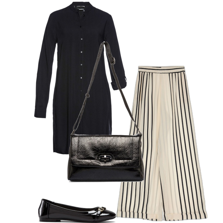 Outfit donna - Curvy. Stile Chic per Tutti i giorni. Abbinamento con camicie, ballerine, pantaloni a palazzo, borse a tracolla.