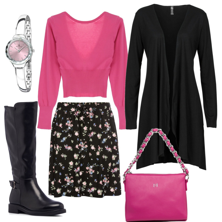 Outfit donna - Giornata di commissioni. Stile Urban per Tutti i giorni. Abbinamento con cardigans, minigonne, maglieria, stivali sopra il ginocchio, borse a tracolla, orologi analogici.