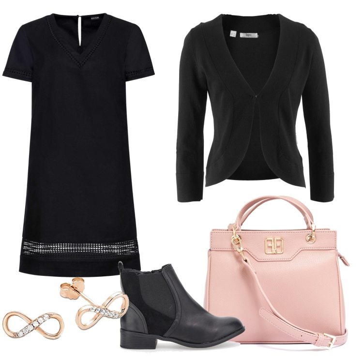 Outfit donna - Black and Pink (veg ok). Stile Chic per Tutti i giorni. Abbinamento con vestiti, blazer, borse tote, stivaletti chelsea, orecchini.