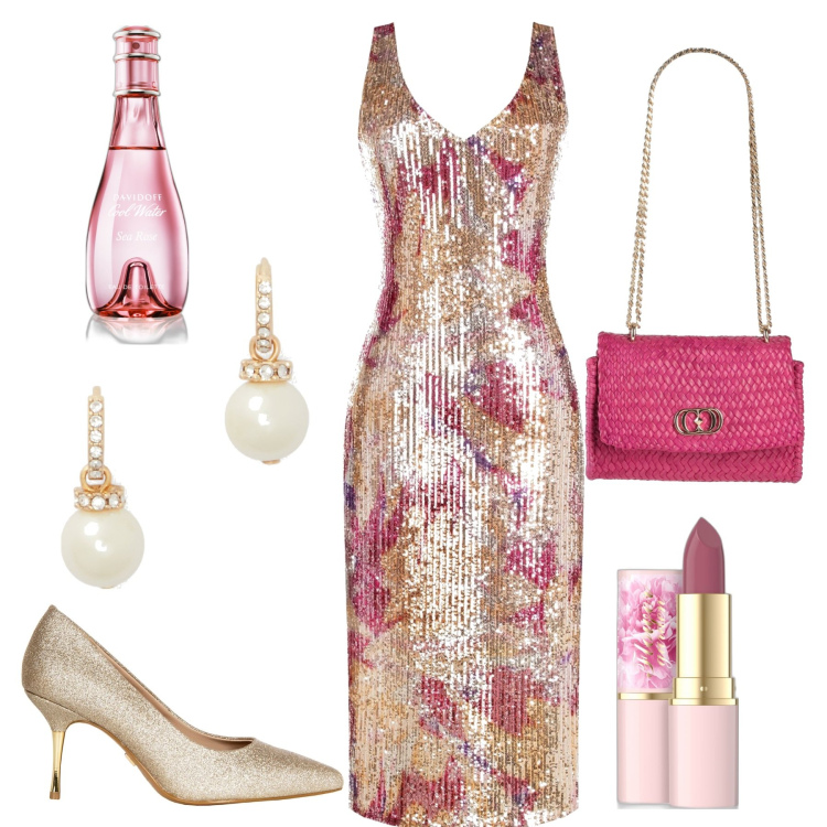 Outfit donna - Total look #1717069. Stile Chic per Serata fuori. Abbinamento con borse a mano, rossetti, profumi, vestiti, décolleté, orecchini.