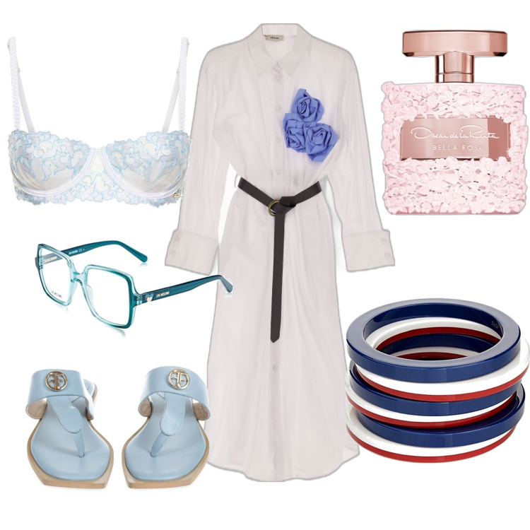 Outfit donna - Brunch con le amiche. Stile Casual chic per Tutti i giorni. Abbinamento con profumi, infradito, vestiti midi/longuette, reggiseni, braccialetti, occhiali da sole.