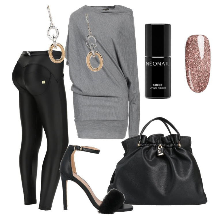 Outfit donna - Serata speciale. Stile Glamour per Serata fuori. Abbinamento con pullovers, borse a secchiello, sandali col tacco, smalti, pantaloni skinny, orecchini.