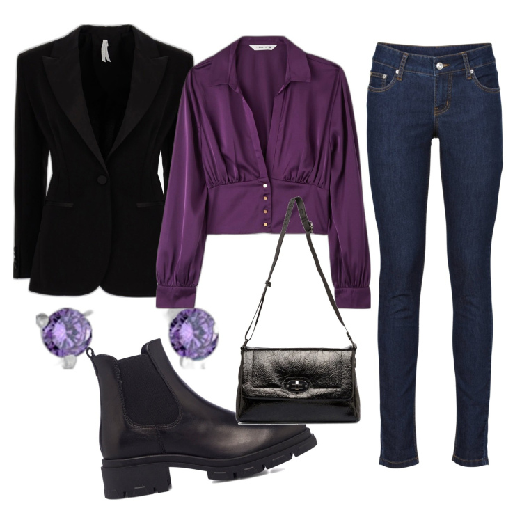 Outfit donna - Purple date. Stile Casual chic per Serata fuori. Abbinamento con jeans skinny, bluse, giacche, stivaletti, borse a tracolla, orecchini.
