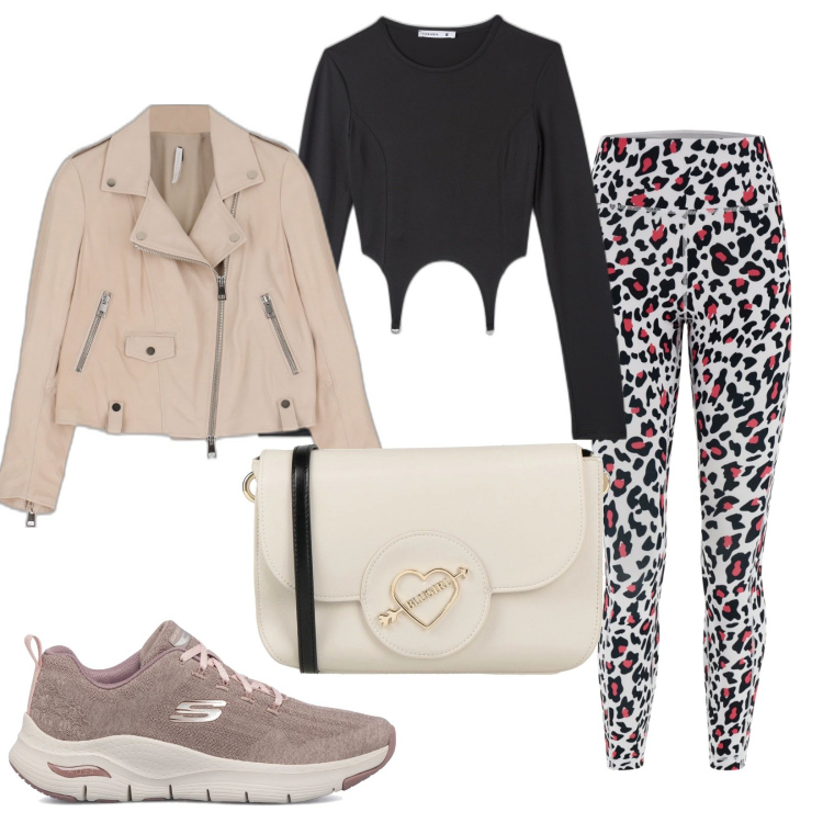 Outfit donna - Dinamica. Stile Sporty chic per Tutti i giorni. Abbinamento con borse a tracolla, magliette intime, giacche, leggings sportivo, sneakers.