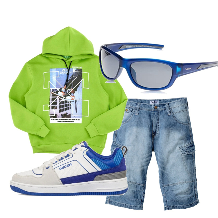 Outfit uomo - Ordinary look. Stile Casual per Tutti i giorni. Abbinamento con bermuda, sneakers, felpe con cappuccio, occhiali da sole.