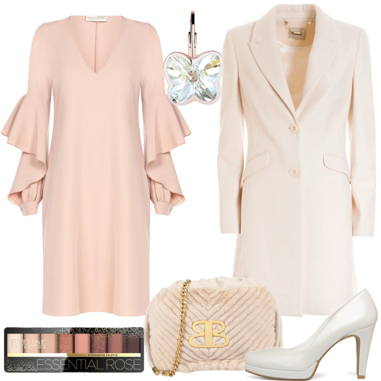 Outfit donna - L\'abito coi volant alle maniche. Stile Bon Ton per Cerimonia. Abbinamento con borse a tracolla, ombretti, vestiti midi/longuette, cappotti, décolleté, orecchini.