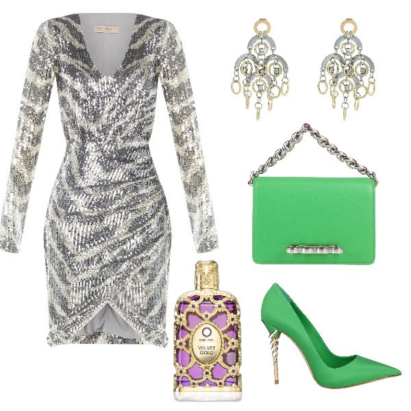 Outfit donna - Angento e verde mela. Stile Glamour per Serata fuori. Abbinamento con borse a mano, orecchini, décolleté, profumi, vestiti a tubino.