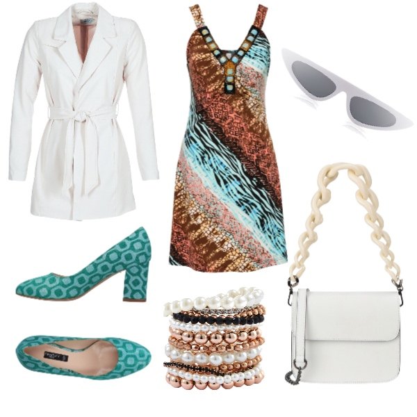 Outfit donna - Total look #171722. Abbinamento con vestiti, bracciale con perle e strass, décolleté fantasia geometrica con tacco geometrico e punta tonda, borsa a spalla petit, trench bianco, occhiali da sole.