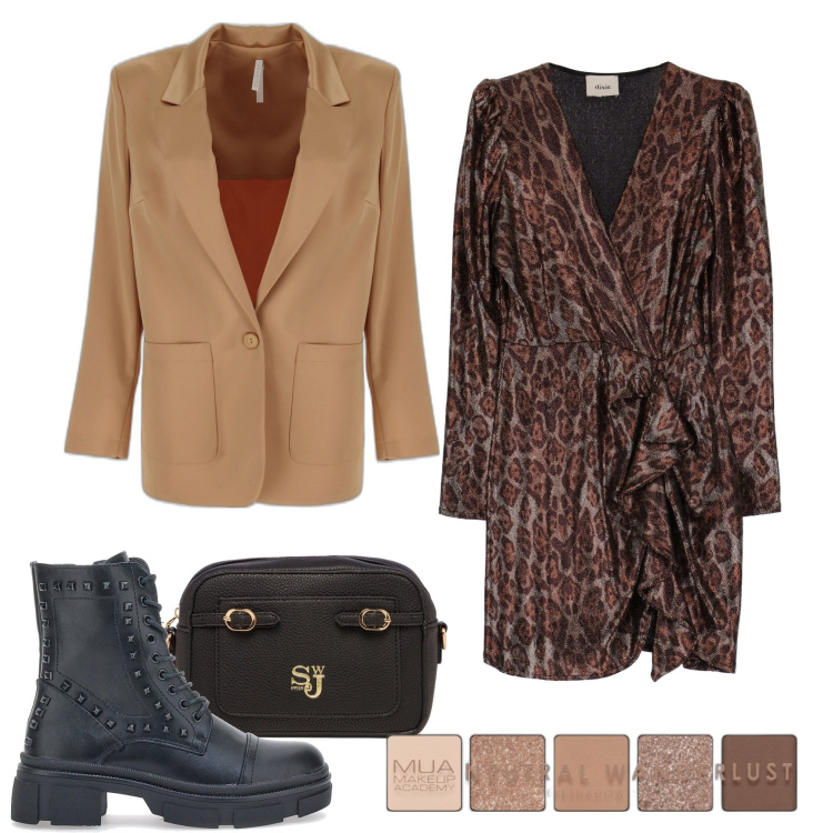 Outfit donna - Total look #1717225. Stile Trendy per Tutti i giorni. Abbinamento con ombretti, giacche, borse a tracolla, vestiti corti, anfibi.