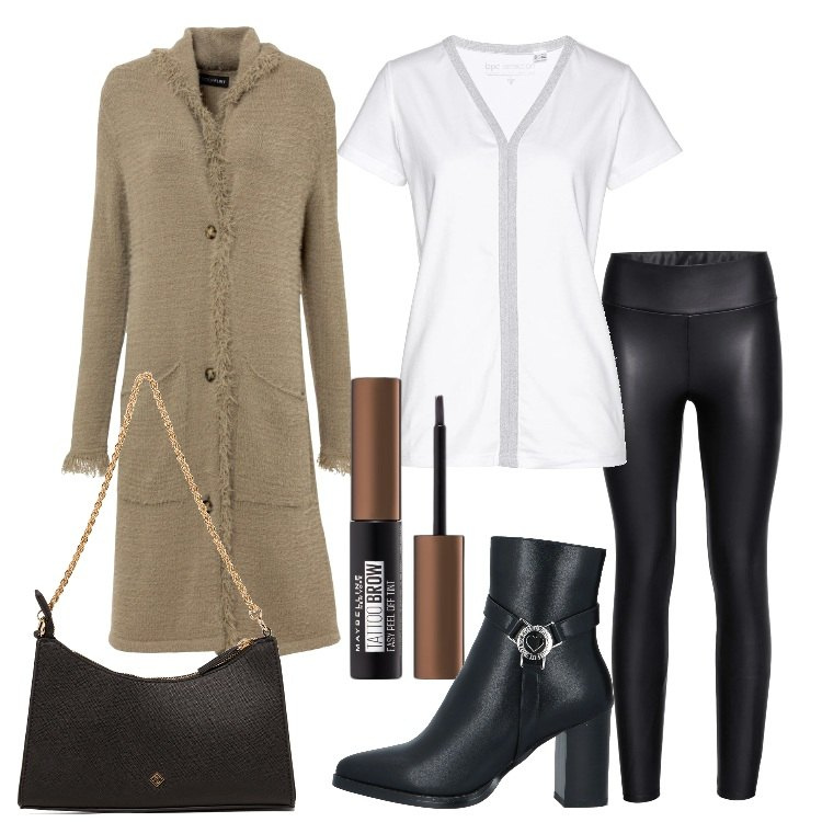 Outfit donna - Il cardigan lungo. Stile Trendy per Tutti i giorni. Abbinamento con leggings, cardigans, t-shirt, stivaletti, eyeliner, borse a tracolla.
