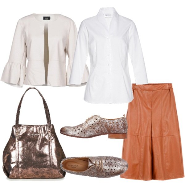 Outfit donna - La gonna pantalone. Stile Trendy per Tutti i giorni. Abbinamento con camicie, pantalone capri vita alta in pelle sintetica tinta unita, giacca scollatura profonda a maniche lunghe interno sfoderato in pelle sintetica tinta unita, scarpe stringate stringate traforato con punta tonda tinta unita, borsa oro.