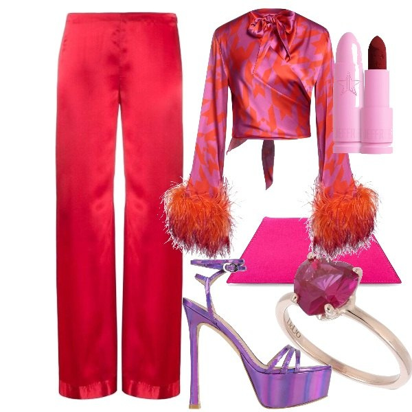 Outfit donna - Serata eccentrica. Stile Glamour per Serata fuori. Abbinamento con pantaloni a palazzo, camicie, sandali in pelle, rossetti, clutch, anelli.