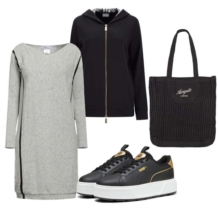 Outfit donna - Accompagno i figli a scuola. Stile Basic per Tutti i giorni. Abbinamento con vestiti corti, felpe con cappuccio, sneakers, shopping bag.