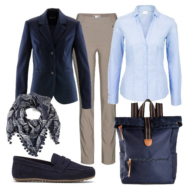 Outfit donna - Total look #1717298. Stile Basic per Ufficio. Abbinamento con pantaloni, zaini, camicie, mocassini, blazer, foulard.
