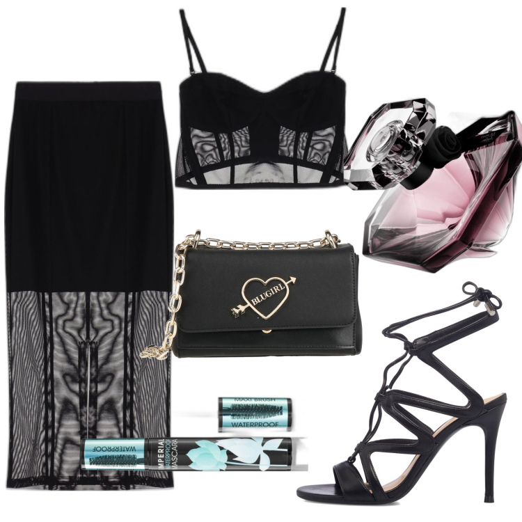 Outfit donna - Total look #1717306. Stile Sexy per Serata fuori. Abbinamento con borse a tracolla, profumi, mascara, top, gonne longuette, sandali alla schiava.