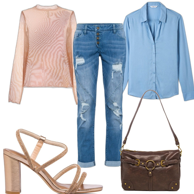 Outfit donna - Total look #1717334. Stile Trendy per Tutti i giorni. Abbinamento con jeans boyfriend, camicie, maglieria, borse a spalla, sandali in pelle.