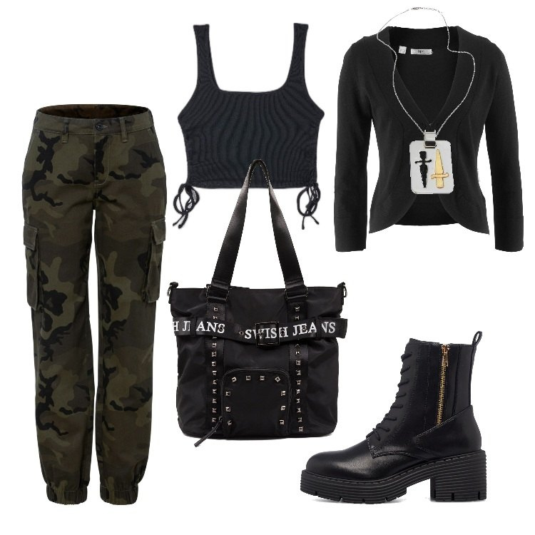 Outfit donna - Total look #1717365. Stile Military per Tutti i giorni. Abbinamento con blazer, pantaloni cargo, canottiere, borse a spalla, anfibi, ciondoli.