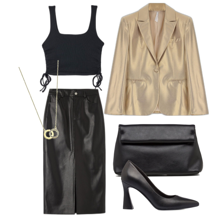 Outfit donna - Ghost outfitter - settembre. Stile Trendy per Serata fuori. Abbinamento con canottiere, gonne longuette, giacche, borse a tracolla, décolleté, collane.