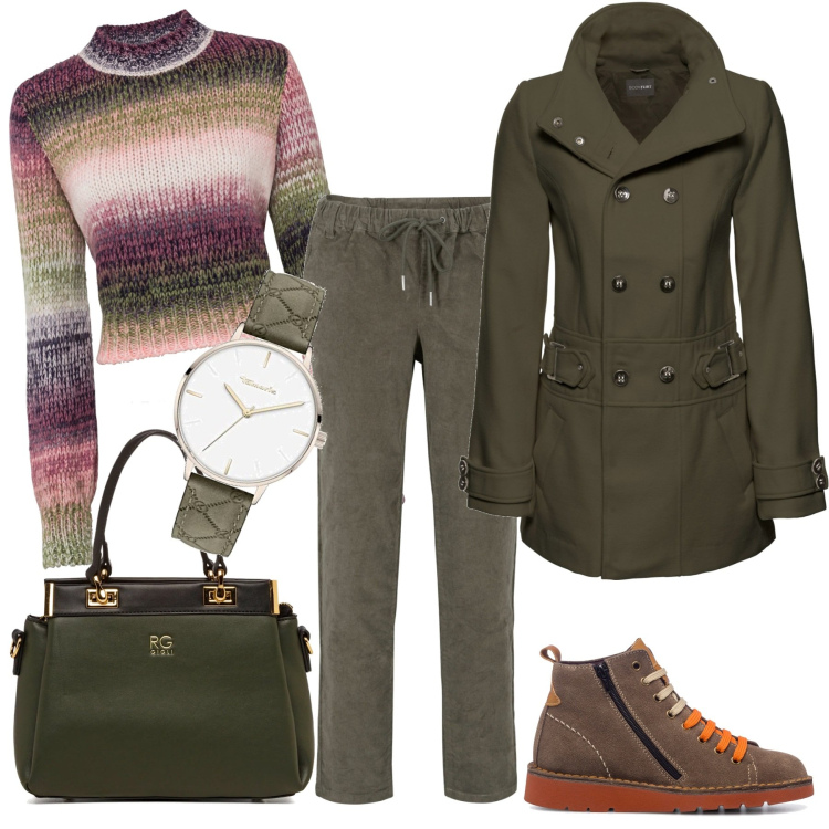 Outfit donna - Praticità diurna. Stile Casual per Tutti i giorni. Abbinamento con pantaloni, maglieria, cappotti, stivaletti, borse a spalla, orologi.
