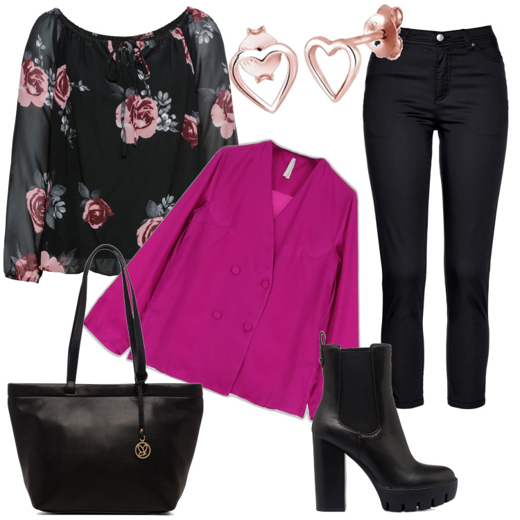 Outfit donna - La borsa nera. Stile Casual per Tutti i giorni. Abbinamento con pantaloni, bluse, giacche, borse a spalla, stivaletti, orecchini.