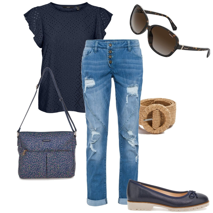 Outfit donna - Basic da città. Stile Basic per Tutti i giorni. Abbinamento con jeans boyfriend, cinture, top, borse a tracolla, occhiali da sole, ballerine.