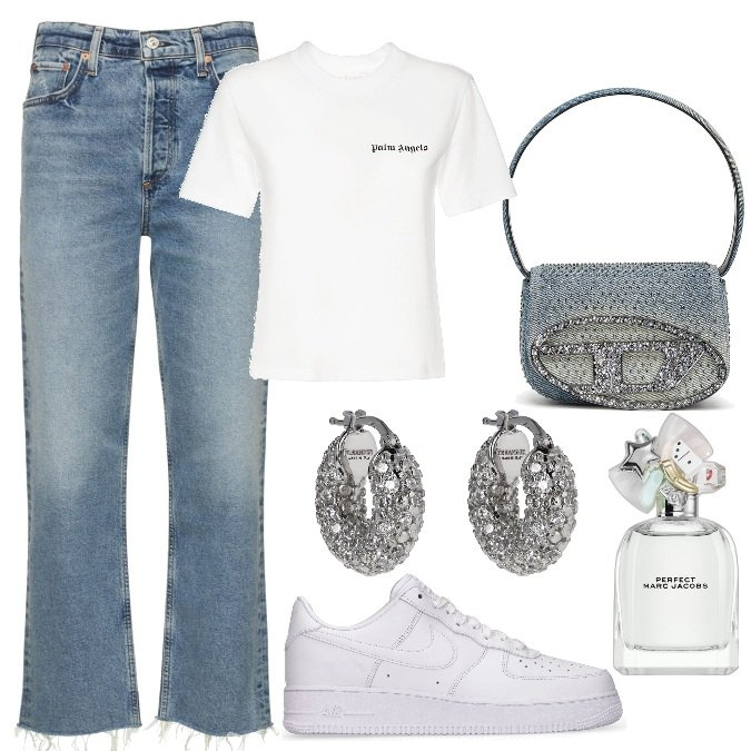 Outfit donna - Total look #1717478. Stile Trendy per Tutti i giorni. Abbinamento con profumi, jeans, sneakers, t-shirt, orecchini, borse a spalla.