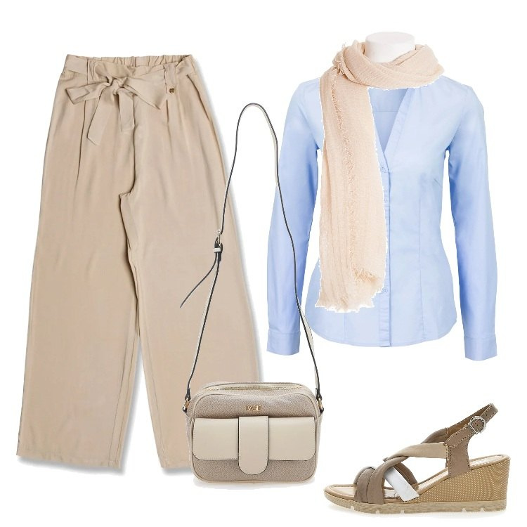 Outfit donna - Total look #1717495. Stile Basic per Ufficio. Abbinamento con camicie, foulard, pantaloni, borse a tracolla, sandali in pelle.