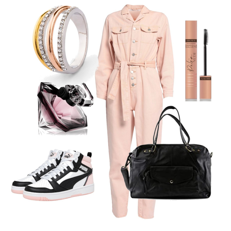Outfit donna - Dinamica. Stile Sporty chic per Sport. Abbinamento con anelli, tute, profumi, mascara, sneakers alte, borse sportive.