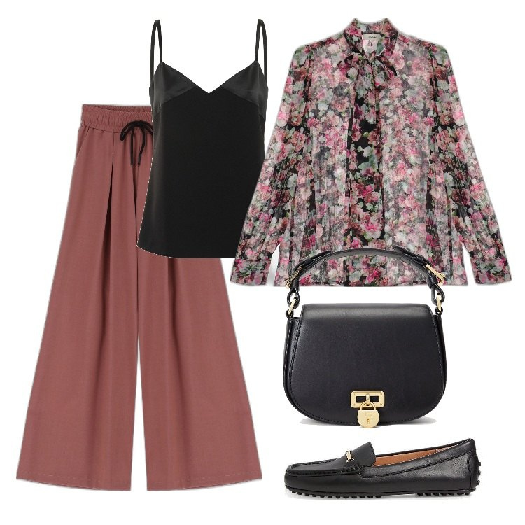 Outfit donna - Total look #1717527. Stile Chic per Ufficio. Abbinamento con pantaloni a palazzo, camicie, borse a tracolla, mocassini, top.