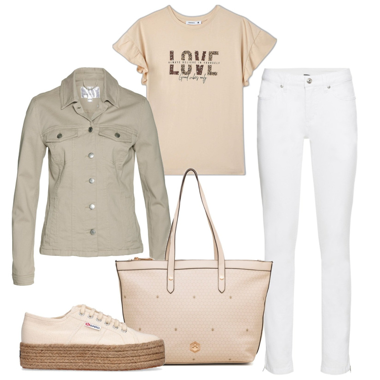 Outfit donna - Bella di giorno. Stile Casual per Tutti i giorni. Abbinamento con blazer, jeans skinny, t-shirt, borse a spalla, sneakers.