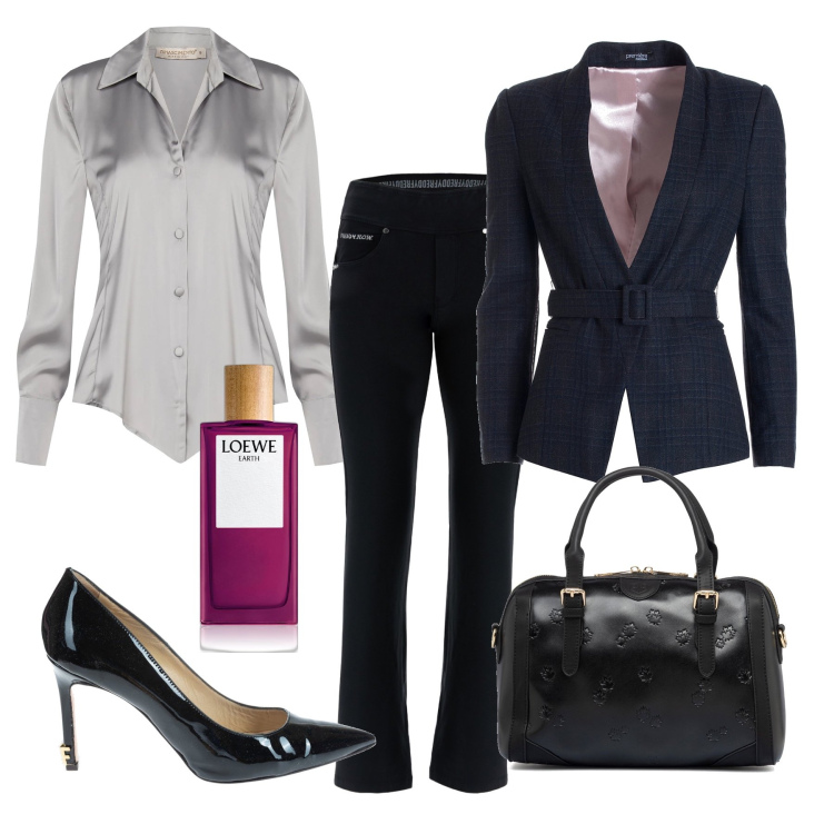 Outfit donna - Curvy - total look. Stile Casual chic per Tutti i giorni. Abbinamento con profumi, camicie, blazer, décolleté, pantaloni, borse a mano.