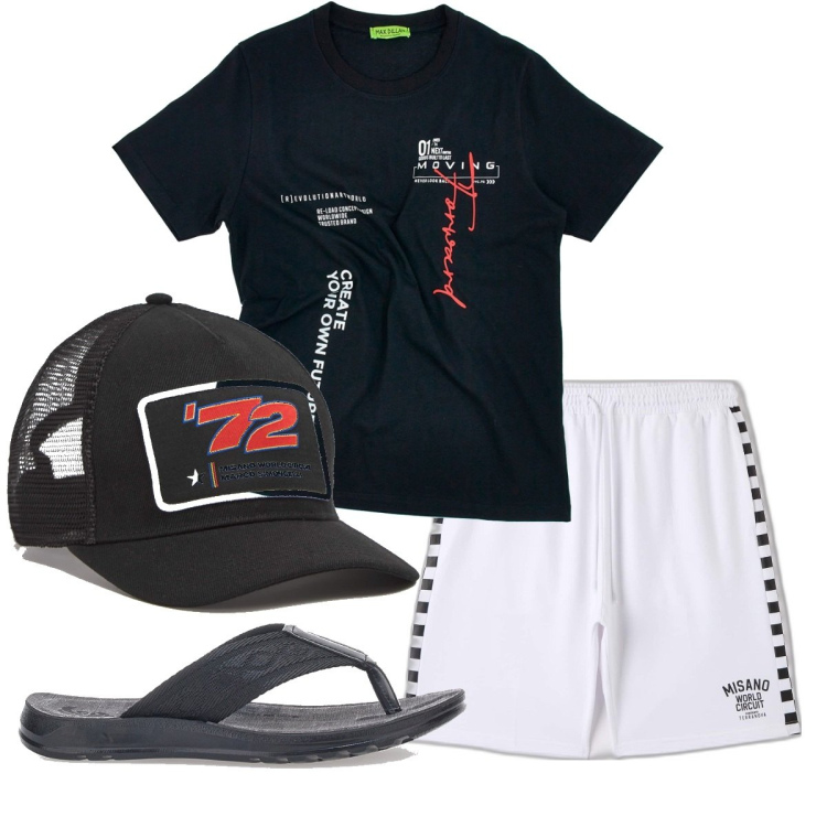 Outfit uomo - Total look #1717617. Stile Casual per Mare. Abbinamento con bermuda, cappelli, t-shirt, sandali.