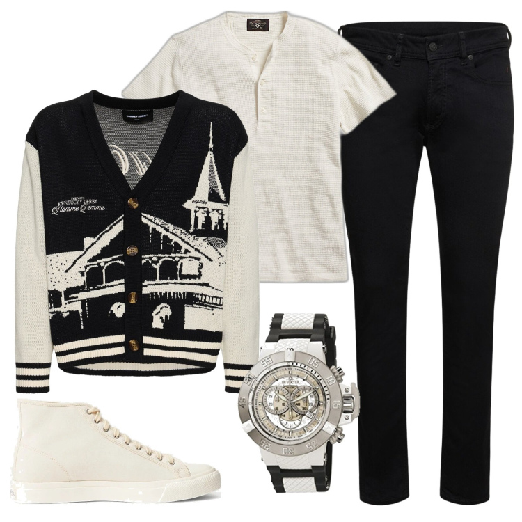 Outfit uomo - Un cardigan sui jeans. Stile Casual per Serata speciale. Abbinamento con t-shirt, sneakers, orologi, jeans skinny, cardigans.