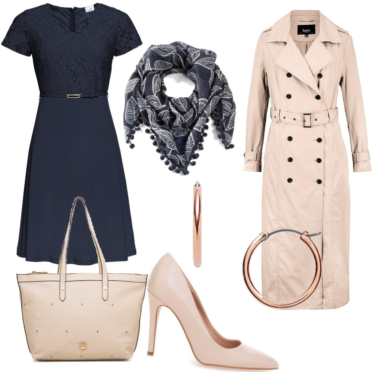 Outfit donna - Total look #1717662. Stile Urban per Ufficio. Abbinamento con vestiti corti, trench, foulard, borse a spalla, décolleté, orecchini.