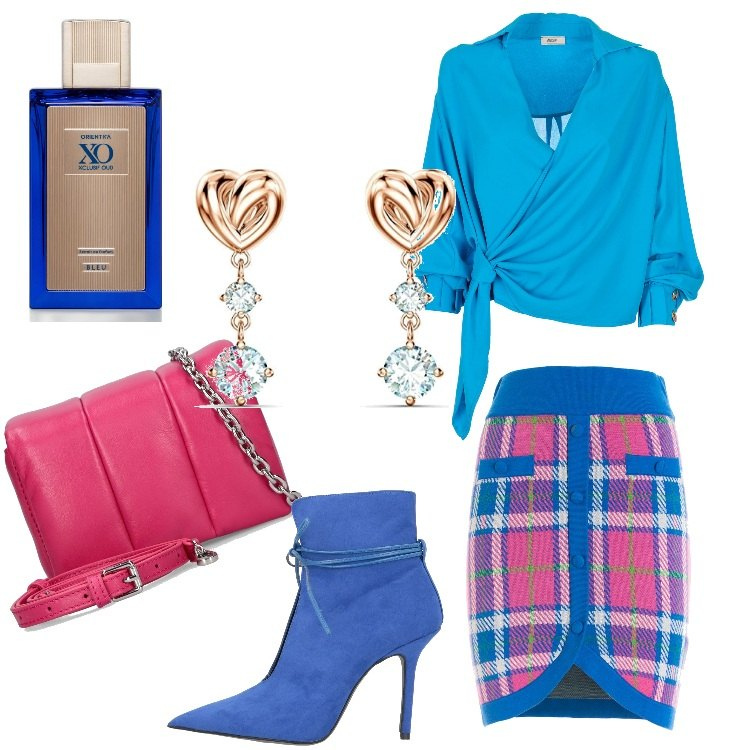 Outfit donna - Colore a settembre. Stile Trendy per Serata fuori. Abbinamento con profumi, bluse, gonne, stivaletti, orecchini, borse a spalla.
