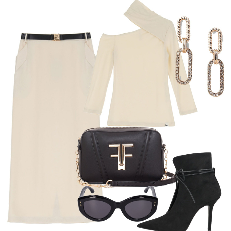 Outfit donna - Panna accessori neri. Stile Trendy per Tutti i giorni. Abbinamento con stivaletti, gonne longuette, maglieria, pochette, orecchini, occhiali da sole.