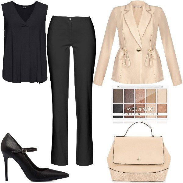 Outfit donna - In Ufficio e poi a Cena. Stile Trendy per Ufficio. Abbinamento con top, pantaloni, ombretti, giacche, décolleté, borse a mano.