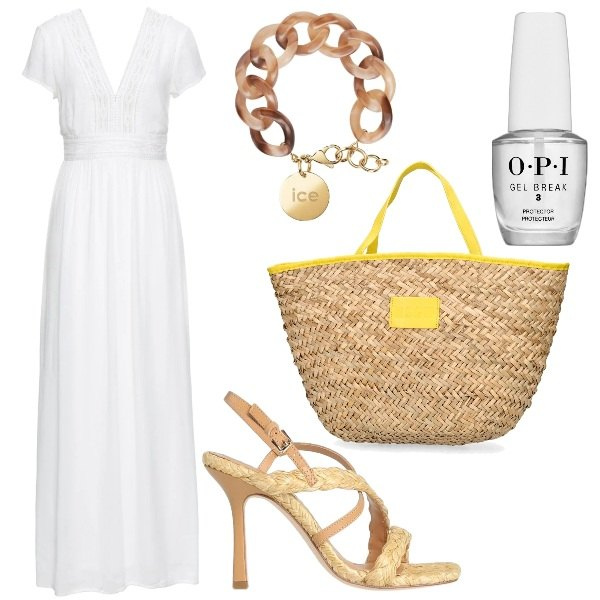 Outfit donna - tacchi alti per la curvy in bianco. Stile Glamour per Tutti i giorni. Abbinamento con vestiti lunghi, sandali in pelle, smalti, braccialetti, shopping bag.