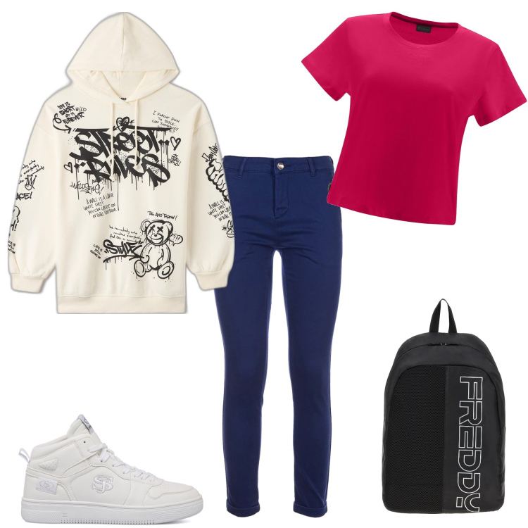 Outfit donna - Corro in palestra. Stile Minimal per Sport. Abbinamento con felpe con cappuccio, pantaloni, zaini, t-shirt, sneakers alte.