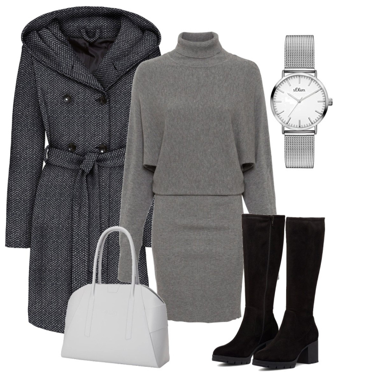 Outfit donna - Sfumature di grigio. Stile Casual per Tutti i giorni. Abbinamento con vestiti, cappotti, stivali, borse a spalla, orologi.