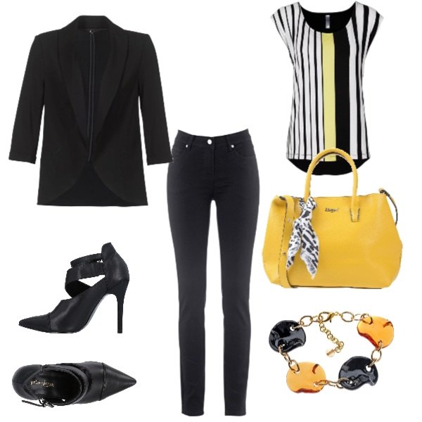 Outfit donna - Trendy #21830. Stile Trendy per Ufficio. Abbinamento con jeans slim fit, maglia fantasia, décolleté con tacco spillo e cinturino interno foderato a punta in pelle sintetica tinta unita, borsa a mano taglia media con zip interno foderato in pelle sintetica tinta unita, giacca nero, braccialetto oro.