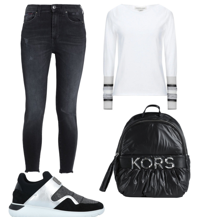 Outfit donna - Sportivo. Stile Casual per Tutti i giorni. Abbinamento con sneakers, zaini, pullovers, jeans skinny.